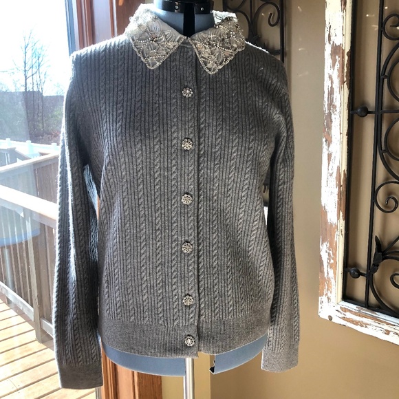 Adrianna Papell NWT Size L Heather Grey Long Sleeve Cardigan with Beaded Collar - Picture 2 of 11